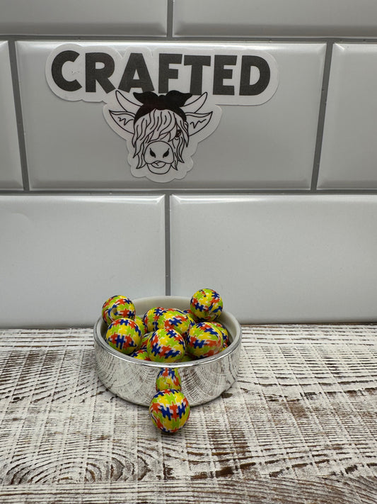 Autism awareness 15 mm round print bead
